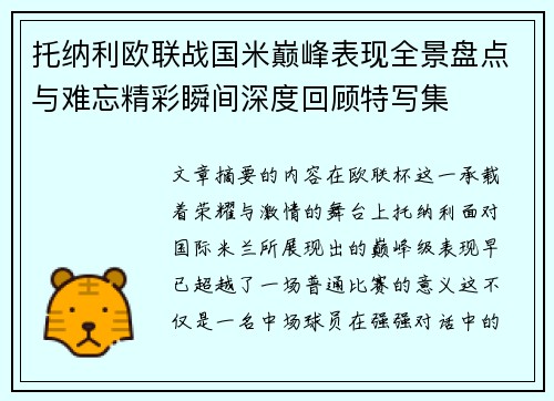 托纳利欧联战国米巅峰表现全景盘点与难忘精彩瞬间深度回顾特写集